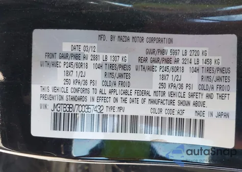 2012 Mazda Cx-9 Sport from USA, damaged, VIN JM3TB3BV7C0357432